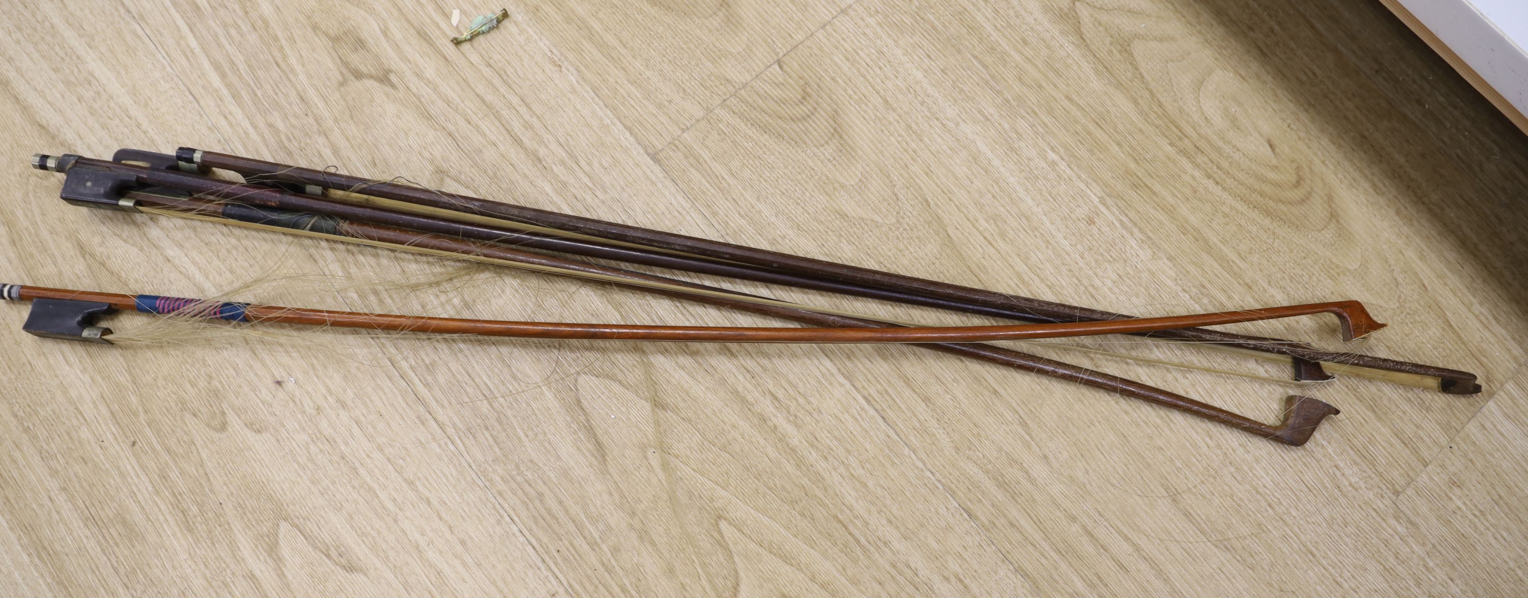 Four violin bows, three wooden humidors, a collection of Chinese wooden stands, etc.